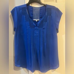Daniel Rainn Estefany Royal Blue Lace Detail Split Neck Blouse